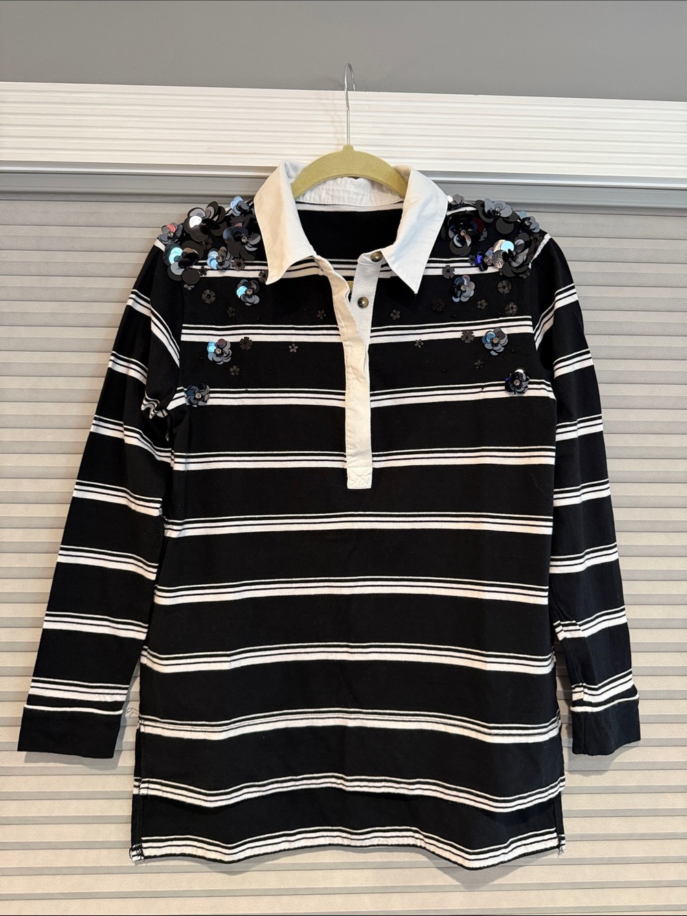 New Anthropology Black & White Striped Polo Top with Sequin Detail